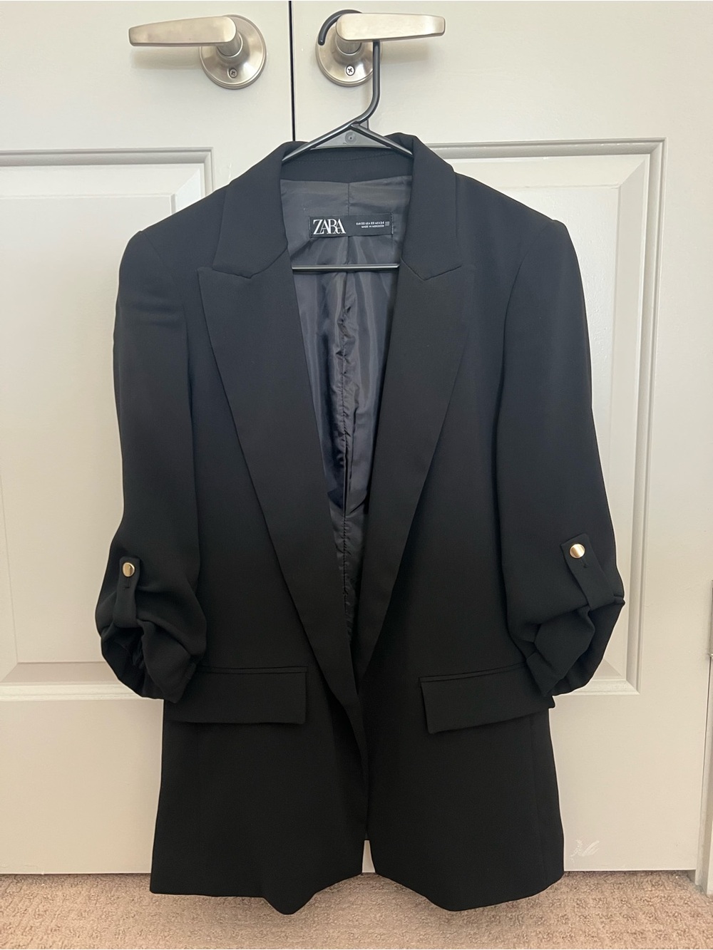 Zara Black Longline Blazer with Rolled Tab Sleeves and Gold Buttons